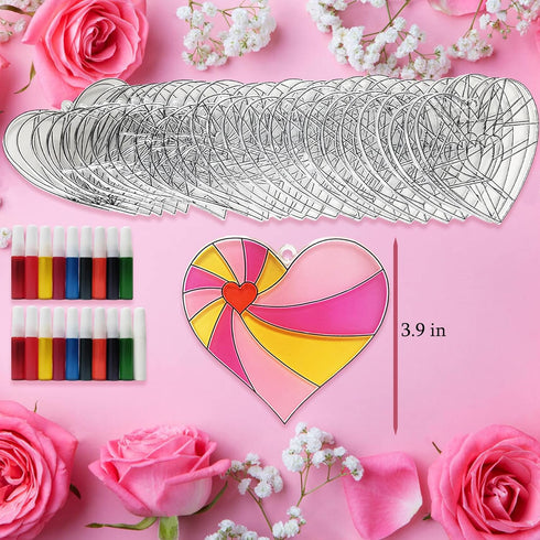 Ayhuhra 30 Sets Valentines Heart Suncatchers for Windows Glow in The Dark Valentines DIY Window Paint Art Suncatchers