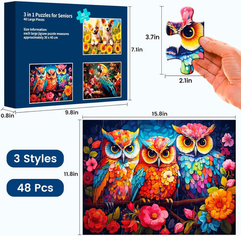 3 Packs Large Piece Puzzle for Seniors - 48 Pieces Dementia Puzzles for Elderly Adults with Storage Bags