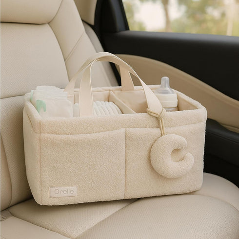 Orelle Boucl Diaper Caddy Organizer with Matching Pouch & Moon Pendant | Teddy Portable Changing Table Organizer |