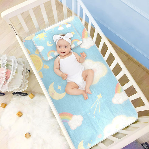 SyXIOP 28" 52" Blue White Clouds and Rainbow Cooling Baby Waterproof Crib Mattress Cover x Breathable Bed Pads Washable