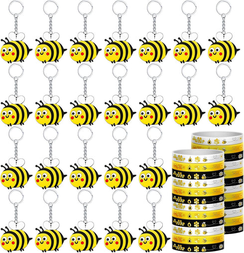 48 Pieces Cute Bee Keychain and Bee Rubber Bracelets, Silicone Wristband Party Favors for Birthday Supplies