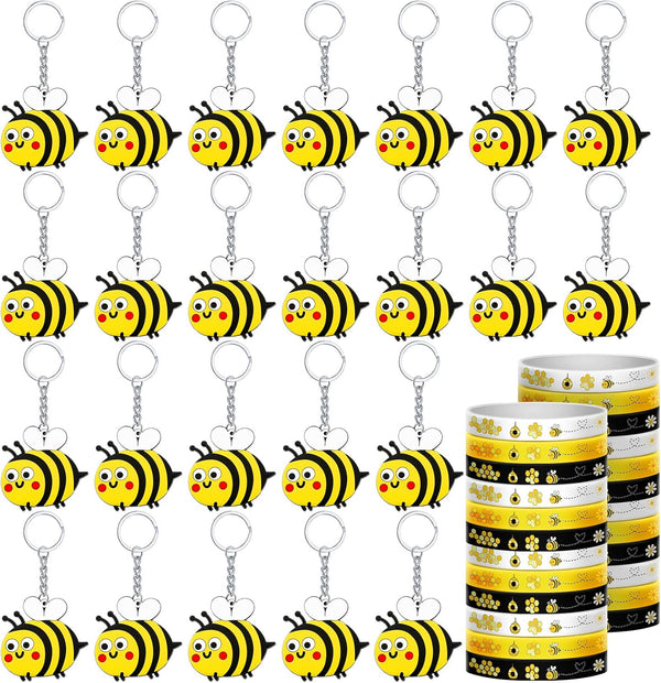 48 Pieces Cute Bee Keychain and Bee Rubber Bracelets, Silicone Wristband Party Favors for Birthday Supplies