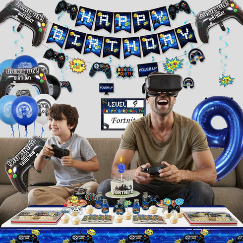 Video Game Party Decorations: 9th Birthday for Boys, HAPPY BIRTHDAY Banner, Gaming Hanging Swirls