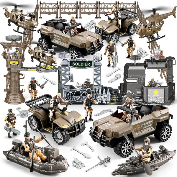 JASSKKBO 88-in-1 Army Men Toys Sets for Boys 4-7 8-12, Military Base/Truck/Helicopter/Kayak Boat/Motorcycle/Army