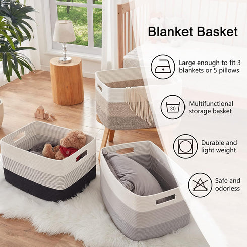 22x17x12 OIAHOMY Large Blanket Basket, Rectangle Woven Baskets, Nursery Blanket Storage Living Room, Toy Storage