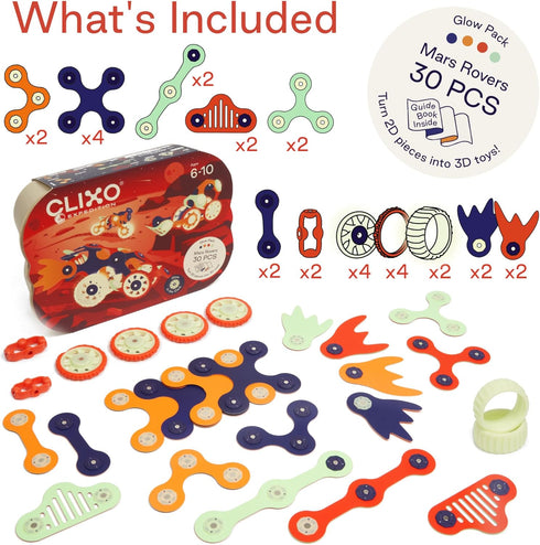 Clixo Mars Rover Pack - Glow-in-The-Dark Wheels Magnetic Building Toy with 30 Flexible Magnet Pieces for Kids Ages 6+