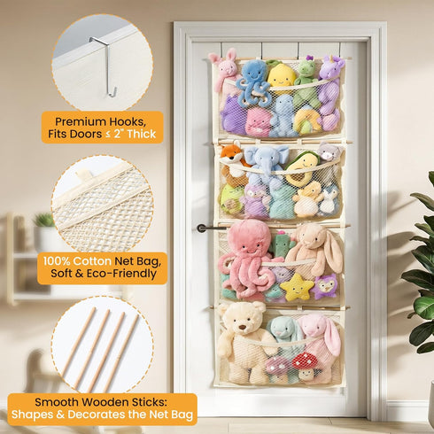 Hammock Over Door Large-Capacity Stuffed Animal Storage with Metal Hook & Wooden Stick, Hanging Plush Animal Bear Doll