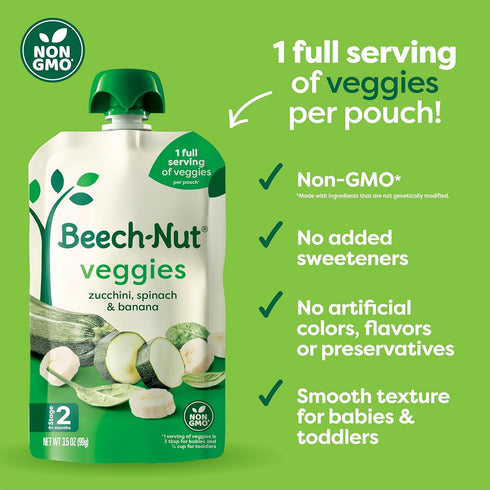 3.5 oz (12 Pack) Beech-Nut Baby Food Pouches, Zucchini Spinach & Banana Veggie Puree Baby & Toddler Food