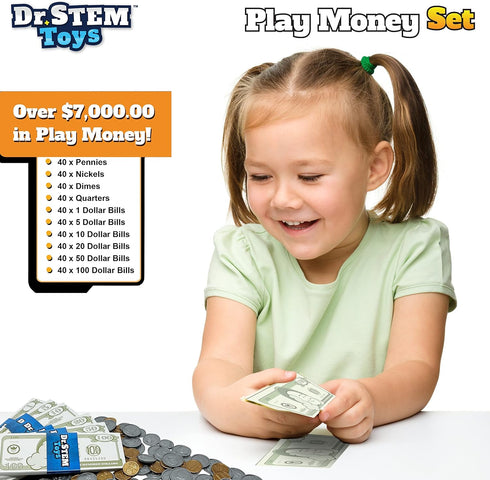 Set 400 Dr. STEM Toys Play Money for Kids: Durable Boxed Provides Pieces of Realistic Fake Money Bills & Fake Coins