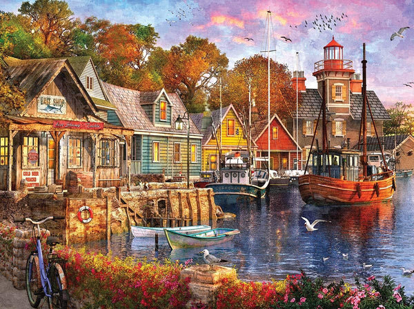White Mountain 1000 Piece Jigsaw Puzzle Lighthouse Boats Waterside Puzzles with Large