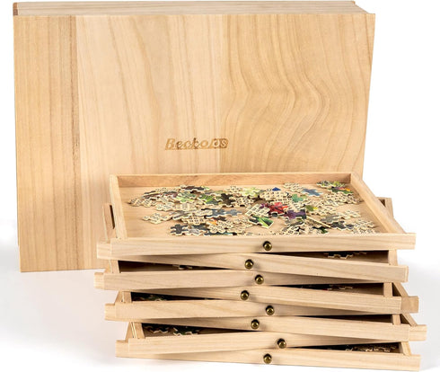 Becko US Wooden Puzzle Sorting Trays with Sliding Drawer Design, 8 Jigsaw