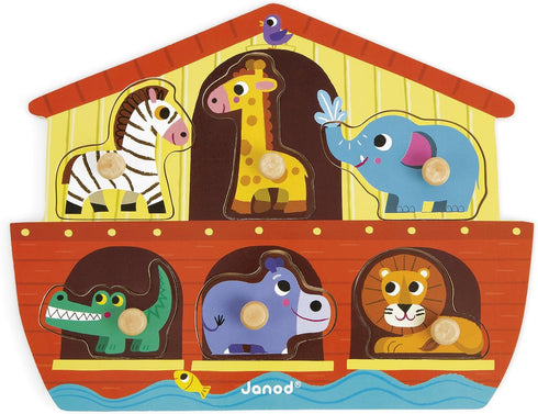Janod 6 Piece Noah’s Ark Puzzle Themed Wooden Peg Colorful Jigsaw Puzzle for Preschool Kids and Toddlers