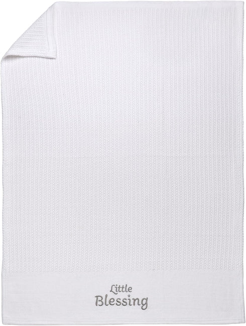 Cotton Knit Baby Blanket with Embroidery, Little Blessings, 30 in. x 40 in., White, Unisex
