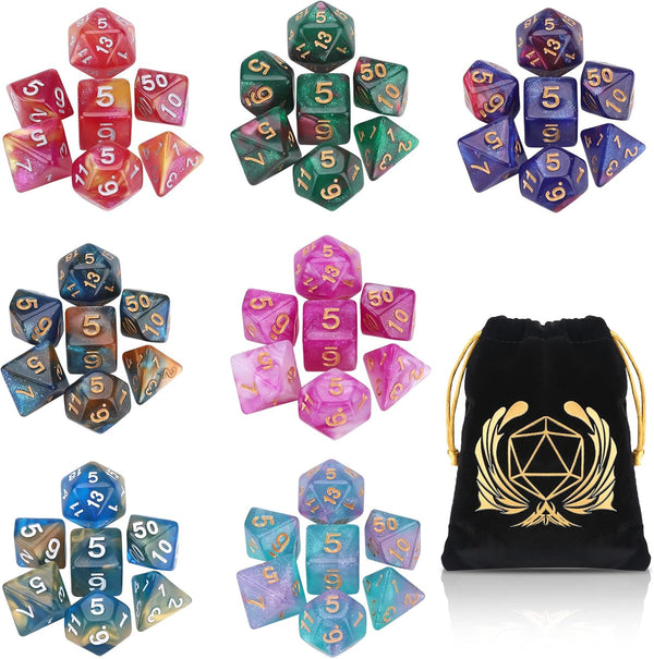 Coyeekn DND Dice Set, 7 x 7 Sets (49 Pieces) Glitter Polyhedral Dice for Dungeons & Dragons RPG with 1 Pouch
