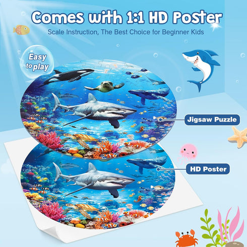 Underwater World Floor Puzzle for Kids Ages 4-8, 70 Pcs Large Round Jigsaw, Educational Toys with Gift Box