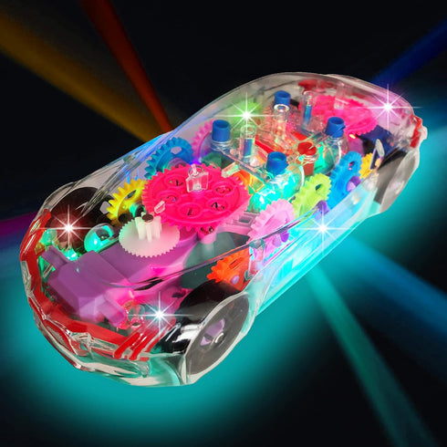 ArtCreativity Light Up Transparent Sensory Car Toy for Kids, 1PC Bump and Go with Colorful Gears and Music