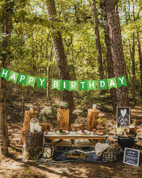 Green Happy Birthday Banner, Greenery Theme Party Bunting Supplies for Birthday Garland Nursery Hanging Decoration 13pcs