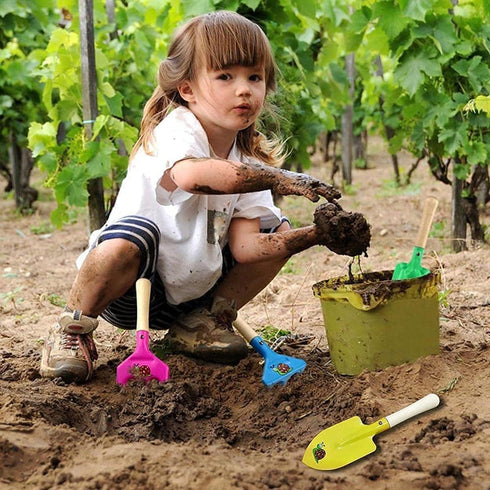 Kids Gardening Tools Set, 5PCS Metal Gardening Tools with Wooden Handle, Safe Beach Sandbox Toy