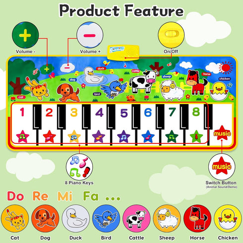53" 23" 8 1 2 3 4 5 6 Piano Mat - x Musical Mat Animals Sounds Dance Mat for Kids Touch Play Dancing Mat Toy Gifts