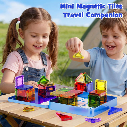 3-8, 60pcs Mini Magnetic Tiles Travel Kit for Kids Ages Portable Magnetic Building Blocks with Visual Storage Guide