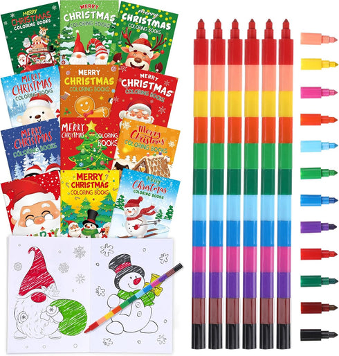 Funrous 24 Pcs Bulk Christmas Coloring Books with 24 Stackable Crayons Set