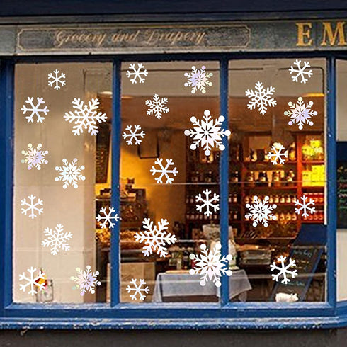 pinkblume 72pcs Iridescent White 3D Snowflake Wall Stickers, Holographic Snowflakes Wall Decals for Winter Wonderland