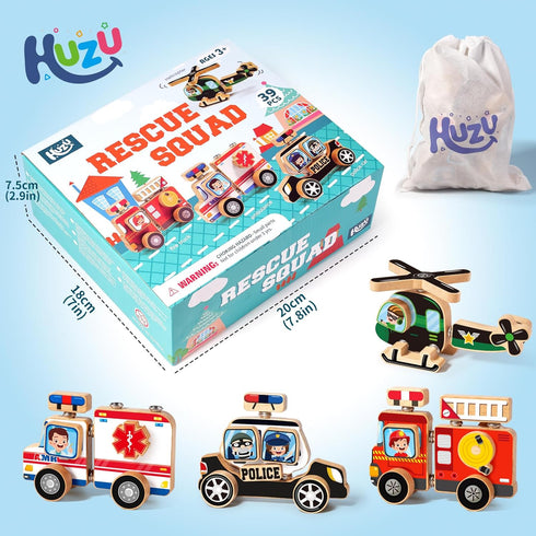 Emergency Vehicles 3D Puzzle Toy, HUZU Wooden Building Blocks for Kids 3-8, Fire Truck, Ambulance, Police Car Gifts