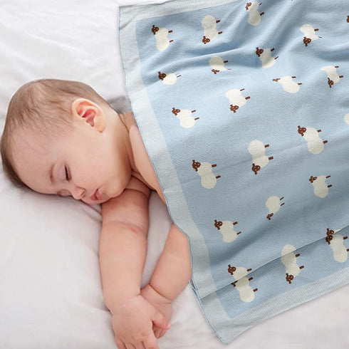mimixiong Baby Blanket, Knit 100% Cotton Toddler Blankets for Boys and Girls, Cute Sheep, Size 30 x 40 Inches Blue