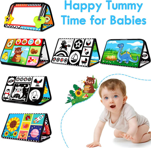 Tummy Time Baby Mirror Toys 0-6 6-12 Months High Contrast Infant Toys Brain Development with Crinkle Cloth Book and Teether - Montessori Newborn Sensory Toys for Babies Boys Girls Gifts
