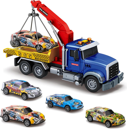 i diy Big Tow Truck Toy Set With 4pcs Pull-Back Race Car, Friction Powered