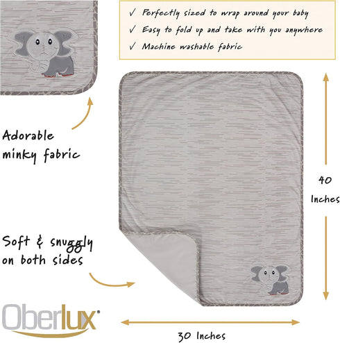 Baby Blanket with Elephant Embroidery, Unisex, Super Soft, Jungle Animal Safari Collection, Gray/Multicoloured, 30x40