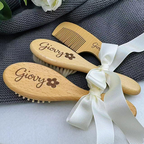 BMVDDFF Customized Wooden Hair Brush and Comb for Newborn, Personalized Baby Hairbrush with