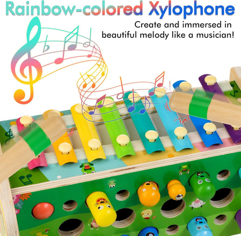 6 in 1 Wooden Montessori Toys for 1 Year Old - Whack-A-Mole Hammering Pounding Toy with Xylophone, Educational Gift