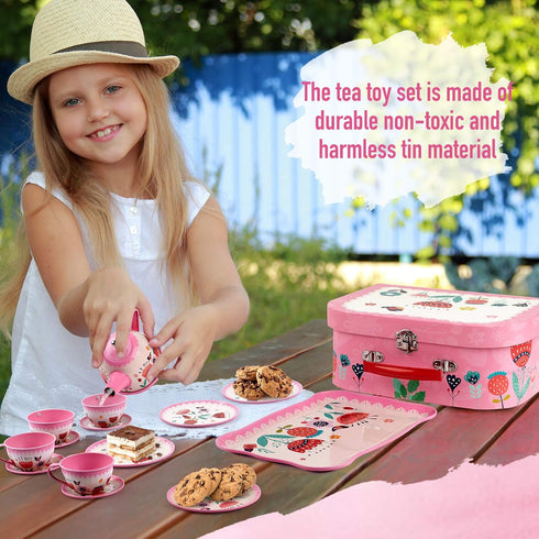 Set 15Pcs Set Playset D-FantiX Kids Tea for Little Girls, Pink Tin Tea Party for Toddlers Afternoon Tea Time with Metal