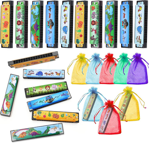 10 Sets Harmonica with Organza Gift Bags, 16 Holes Cartoon Musical Instrument for Kids Party Favors