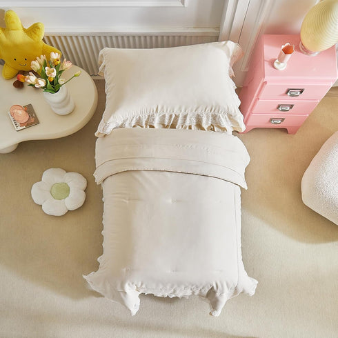 Set 4 Set 1 1 +1 +1 Ruffled Lace Toddler Bedding with Ruffle Fringe, Solid Color Pieces Toddler Bed - Cute Baby