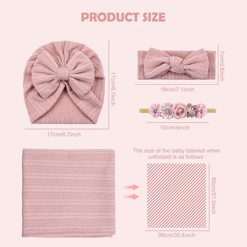 4pcs Cinaci Dusty Pink Soft Nursery Newborn Baby Receiving Swaddle Blanket with Matching Turban Hat Bow Headbands