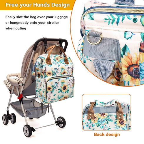 LIMHOO Backpack, Floral Diaper Bag Waterproof Baby Care Bag, Women Travel Baby Nappy Changing Bag (White)