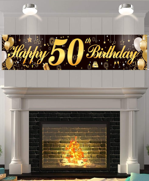 Happy 50th Birthday Banner - Durable Black & Gold Glitter Birthday Sign for Men Women 50th Birthday Party