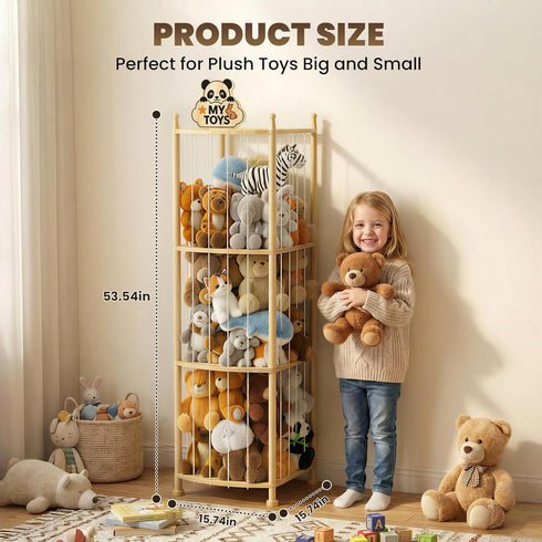 PPJOKERBOY 15.7 15.7 53.5 Stuffed Animal Storage Organizer, Wooden Plush Storage Tower with Elastic Cords, Space-Saving