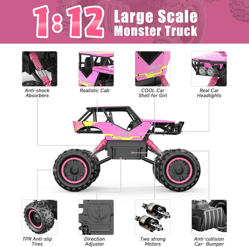 1:12 4WD DOUBLE E RC Monster Truck - Off-Road Remote Control Car with Dual Motors and Headlights