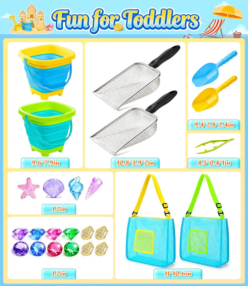 25 Set, 3-10 DISHIO Beach Toys for Kids, Pcs Metal Sand Sifter & Collapsible Beach Buckets Stainless Steel Sand Shovel
