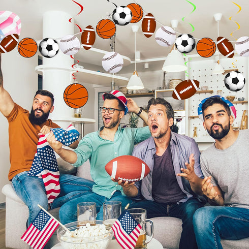 18 Pieces Sports Party Decorations, Sports Themed Birthday Supplies with 2 Banners and 16 Hanging Swirl Paper Garland