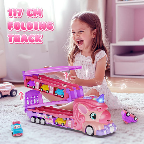 Set 6 2-Player 3, 4, 5, 6, 7 Hot Bee Girls Toy Car with Unicorn Toys Truck - Princess Cars & Fold Out Track with Light