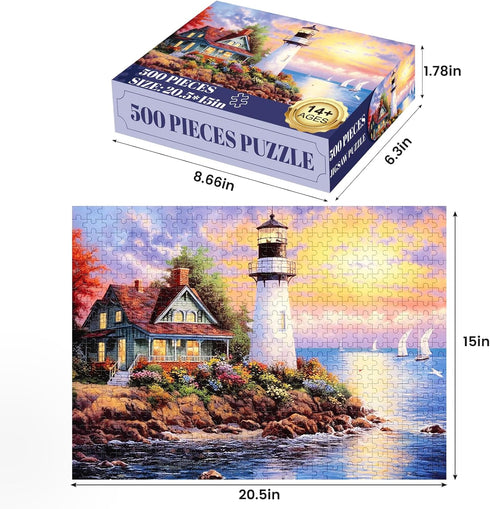 500 Piece Puzzle for Adults, Lighthouse, Recycled Cardboard Jigsaw Puzzles, Family Activity, Gift Idea 20.5X15 inches