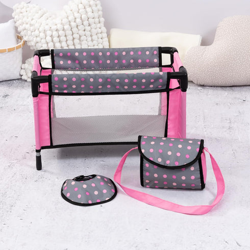 Set, Bayer Doll High Chair/Crib Grey, Pink with Dots