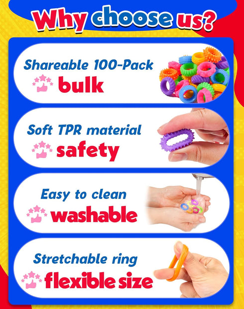 100pcs KLT Fidget Toys Bulk for Kids: Textured Fidget Ring - Classroom Prize Box Quiet - Party Favors Gift Bags