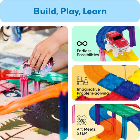 PicassoTiles Magnetic Race Track Toys Set for Toddlers, Includes 2 Trucks, Building Blocks for Kids Age 3+