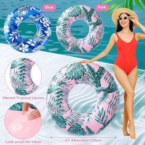 2 Pcs Large Float Tube 47.24 Inches, Inflatable Pool Floats Jumbo Tropical Leaves Pool Tube for Adults Kids Summer