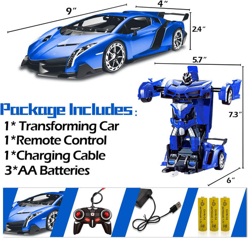 AMENON Remote Control Transform Car Robot Toy for Boys Kids with Lights, 2.4Ghz 1:18 Rechargeable 360° Rotating Race Car